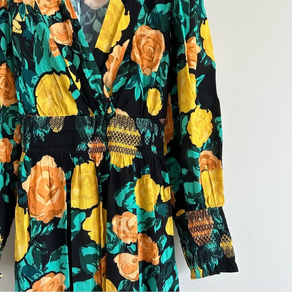 Anthropologie Floral Tie Back Midi Dress Green Long Sleeve V-Neck - Picture 4 of 9